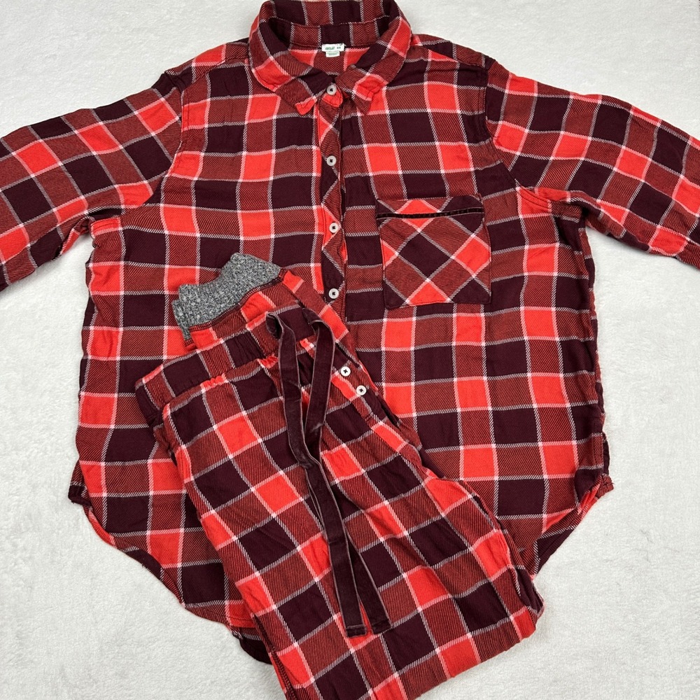 Aerie Womens Red Plaid Flannel Pajama Set Button Down Shirt Jogger Pants Medium